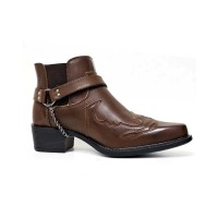 Pointed Toe Ankle Rustic Buckle Straps Western Chain Decorated Chelsea Boots  - Coffee