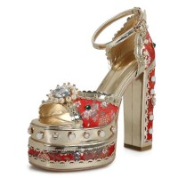 Peep Toe Ethnic Floral Pearl with Rhinestones Chunky Heels Ankle Buckle Straps Platforms Pumps - Red