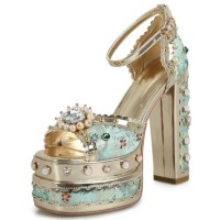 Peep Toe Ethnic Floral Pearl with Rhinestones Chunky Heels Ankle Buckle Straps Platforms Pumps - Sky Blue