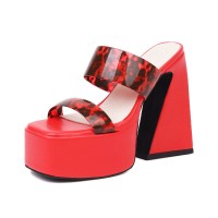 Peep Toe Chunky Heels Slippers Platforms Sandals - Red