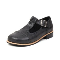 Vintage Rustic Round Toe T Strap Creepers Loafer Oxford Shoes - Black