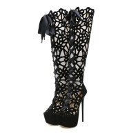 Peep Toe Gladiator Ribbon Lace Up Platforms Stilettos Over the Knees Zipper Boots - Black
