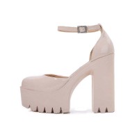 Round Toe Chunky Heels Ankle Buckle Straps Platforms Dorsay Sandals - Apricot