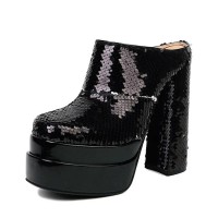Round Toe Chunky Heels Platforms Sequins Blings Sandals - Black