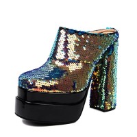 Round Toe Chunky Heels Platforms Sequins Blings Sandals - Gold
