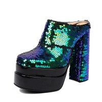 Round Toe Chunky Heels Platforms Sequins Blings Sandals - Green