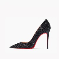 Pointed Toe 4 inches Stiletto Heels Sequins Classic Pumps - Thick Black