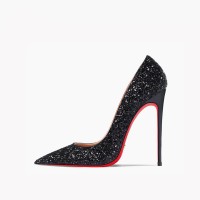 Pointed Toe 5 inches Stiletto Heels Sequins Classic Pumps - Thick Black