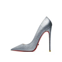 Pointed Toe 5 inches Stiletto Heels Sequins Classic Pumps - Silver Gray