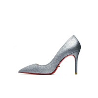 Pointed Toe 3 inches Stiletto Heels Sequins Classic Pumps - Silver Gray
