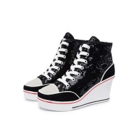 Round Toe Wedges LaceUp Glitter Sequins Sports Shoes - Black