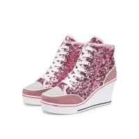 Round Toe Wedges LaceUp Glitter Sequins Sports Shoes - Pink