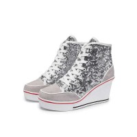 Round Toe Wedges LaceUp Glitter Sequins Sports Shoes - Silver