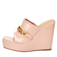 Peep Toe Platforms Golden Chain Decorated Wedges Sandals Slippers - Apricot Tan