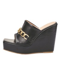 Peep Toe Platforms Golden Chain Decorated Wedges Sandals Slippers - Black