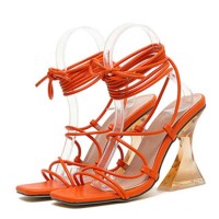Peep Toe Crosstied Gladiator Straps Lace Up Transparent Chunky Heels Sandals - Orange