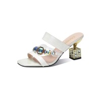 Peep Toe Rhinestones Crocodile Embossed Strange Cube Heels Sandals - White