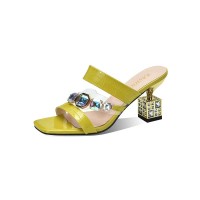 Peep Toe Rhinestones Crocodile Embossed Strange Cube Heels Sandals - Yellow