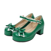 Round Toe Chunky Heels Butterfly Knot 
French Maid Mary Janes Pumps - Green