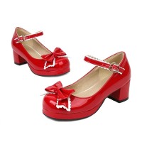 Round Toe Chunky Heels Butterfly Knot 
French Maid Mary Janes Pumps - Red