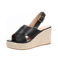 Peep Toe Platforms Back Buckle Straps Summer Wedges Sandals - Black