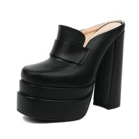 Round Toe Chunky Heels Platforms Matte Loafers Shaped Sandals - Black