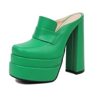 Round Toe Chunky Heels Platforms Matte Loafers Shaped Sandals - Green