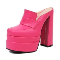 Round Toe Chunky Heels Platforms Matte Loafers Shaped Sandals - Rose