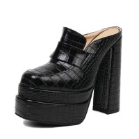 Round Toe Chunky Heels Platforms Crocodile Pattern Loafers Shaped Sandals - Black
