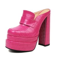 Round Toe Chunky Heels Platforms Crocodile Pattern Loafers Shaped Sandals - Fuchsia