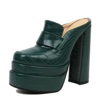 Round Toe Chunky Heels Platforms Crocodile Pattern Loafers Shaped Sandals - Olive