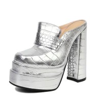 Round Toe Chunky Heels Platforms Crocodile Pattern Loafers Shaped Sandals - Silver