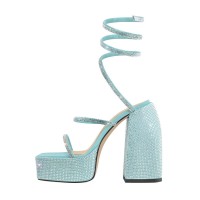 Square Open Toe Chunky Heels Ankle Straps Rhinestones Platforms Summer Party Sandals - Light Blue