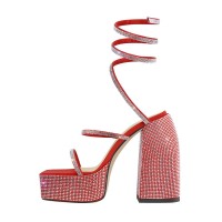 Square Open Toe Chunky Heels Ankle Straps Rhinestones Platforms Summer Party Sandals - Red