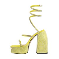 Square Open Toe Chunky Heels Ankle Straps Rhinestones Platforms Summer Party Sandals - Yellow