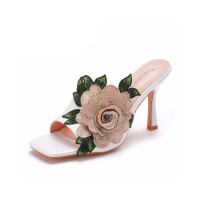 Peep Toe Kitten Heels Floral Decorated Wedding Sandals - White