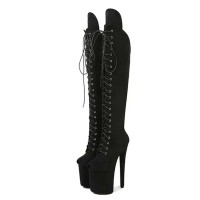 Peep Toe Stiletto Heels Lace Up Platforms Thigh Highs Boots - Black Suede