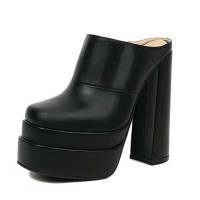 Round Toe Chunky Heels Platforms Matte Sandals - Black