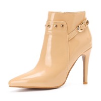 Stiletto Heels Pointed Toe Rivet Decorated Patent Booties with Side Zipper - Apricot