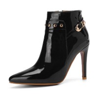 Stiletto Heels Pointed Toe Rivet Decorated Patent Booties with Side Zipper - Black