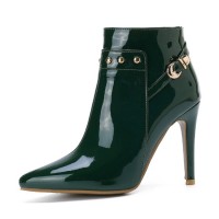 Stiletto Heels Pointed Toe Rivet Decorated Patent Booties with Side Zipper - Green