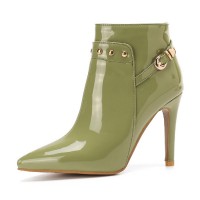 Stiletto Heels Pointed Toe Rivet Decorated Patent Booties with Side Zipper - Light Green