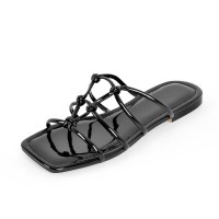 Patent Square Toe Flip Flop Flats Summer Sandals - Black