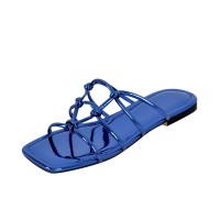Patent Square Toe Flip Flop Flats Summer Sandals - Blue