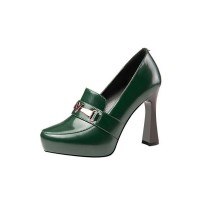 Round Toe Chunky Heels Classic Vintage Pumps - Green