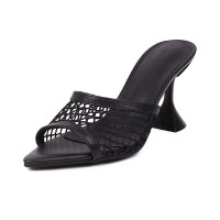 Peep Toe Thin Kitten Heels Mesh Slippers Sandals - Black