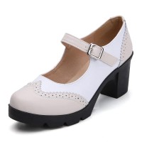 Round Toe Chunky Heels Mary Janes Oxford Style Loafers French Maid Pumps - Beige White