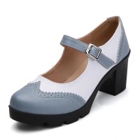 Round Toe Chunky Heels Mary Janes Oxford Style Loafers French Maid Pumps - Blue White