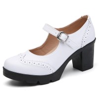 Round Toe Chunky Heels Mary Janes Oxford Style Loafers Pumps - White
