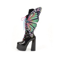 Chunky Heels Round Toe Lace Up Butterfly Wings Platforms Boots with Zipper - Black